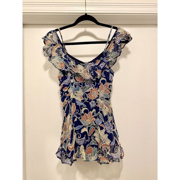 Anthropologie Maeve Mariposa Open-Shoulder Ruffled Top Size 0 Floral Boho Navy - Picture 9 of 12